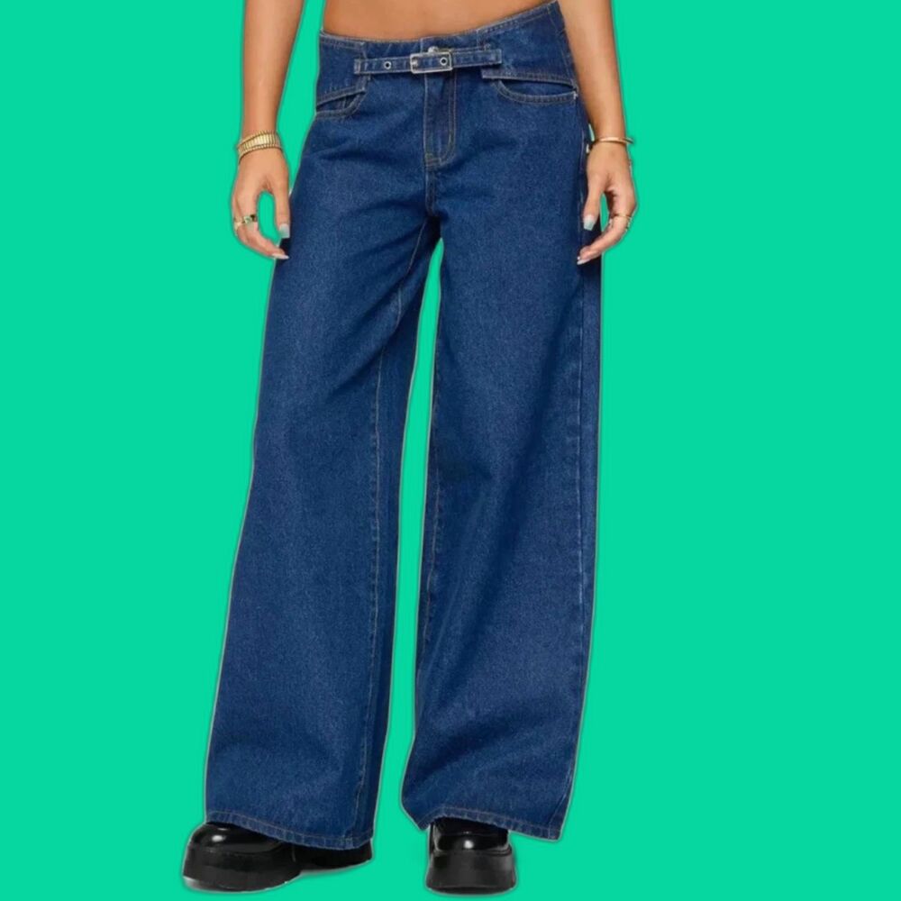 EDIKTED Women’s Size XL Edie Belted Low Rise Wide Leg Jeans Baggy Y2K Grunge